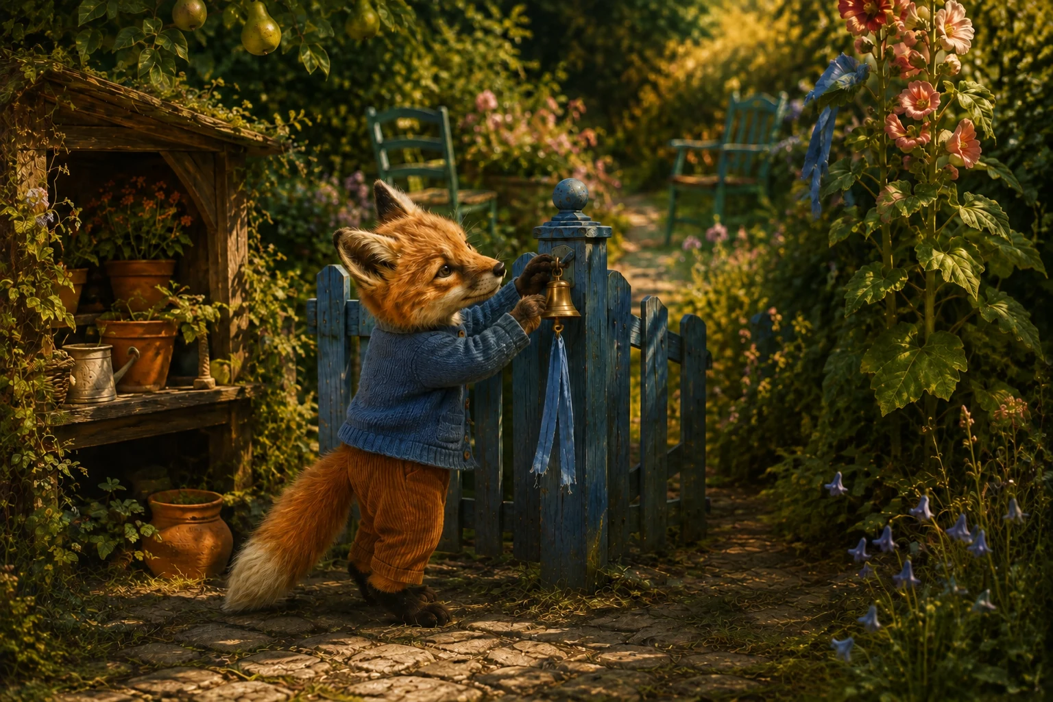 Tula reaches up to the brass bell on the blue gatepost while its ribbon hangs down toward the path.