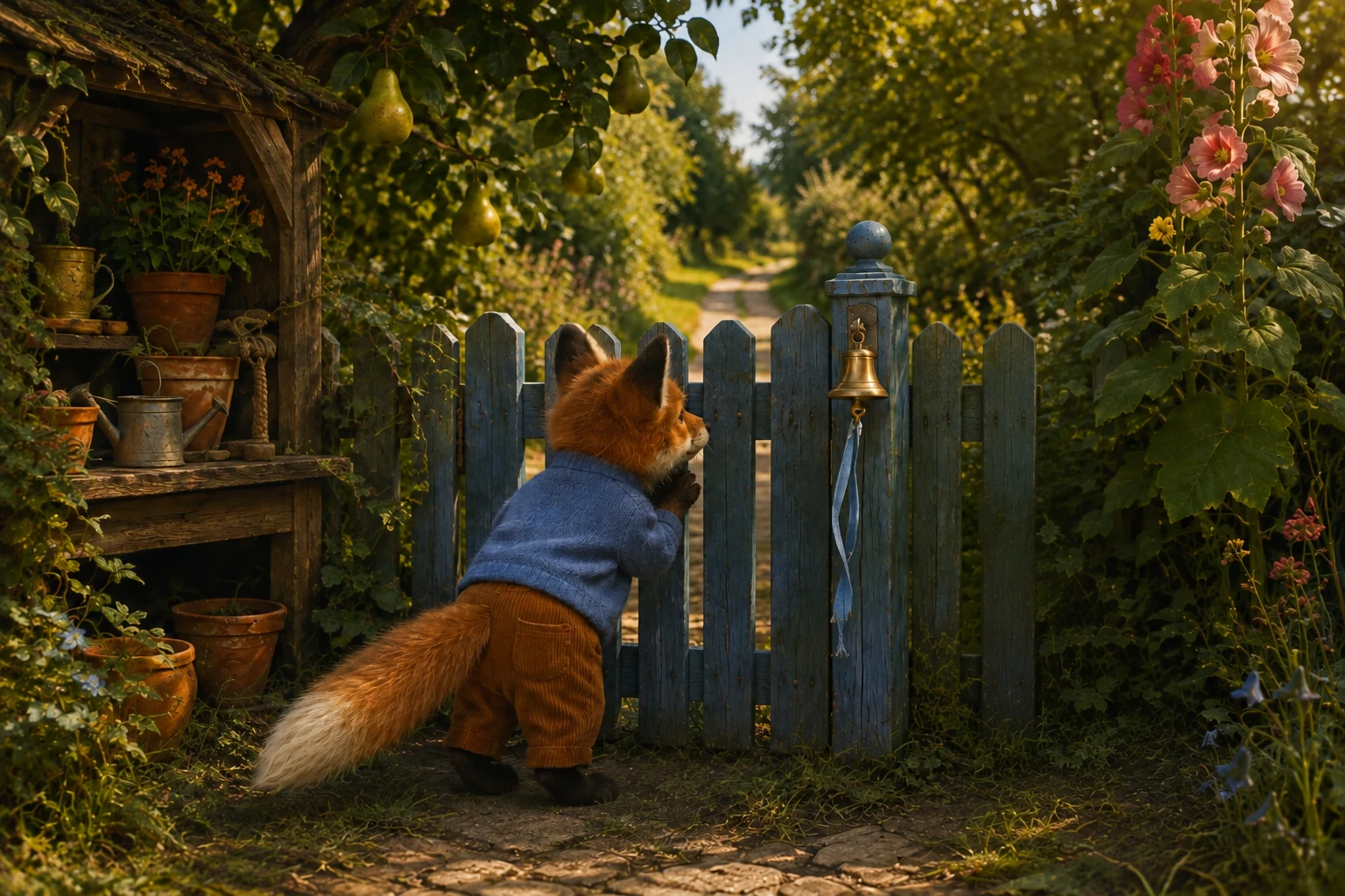 Tula peers through the closed blue gate into an empty garden lane beside the brass bell.