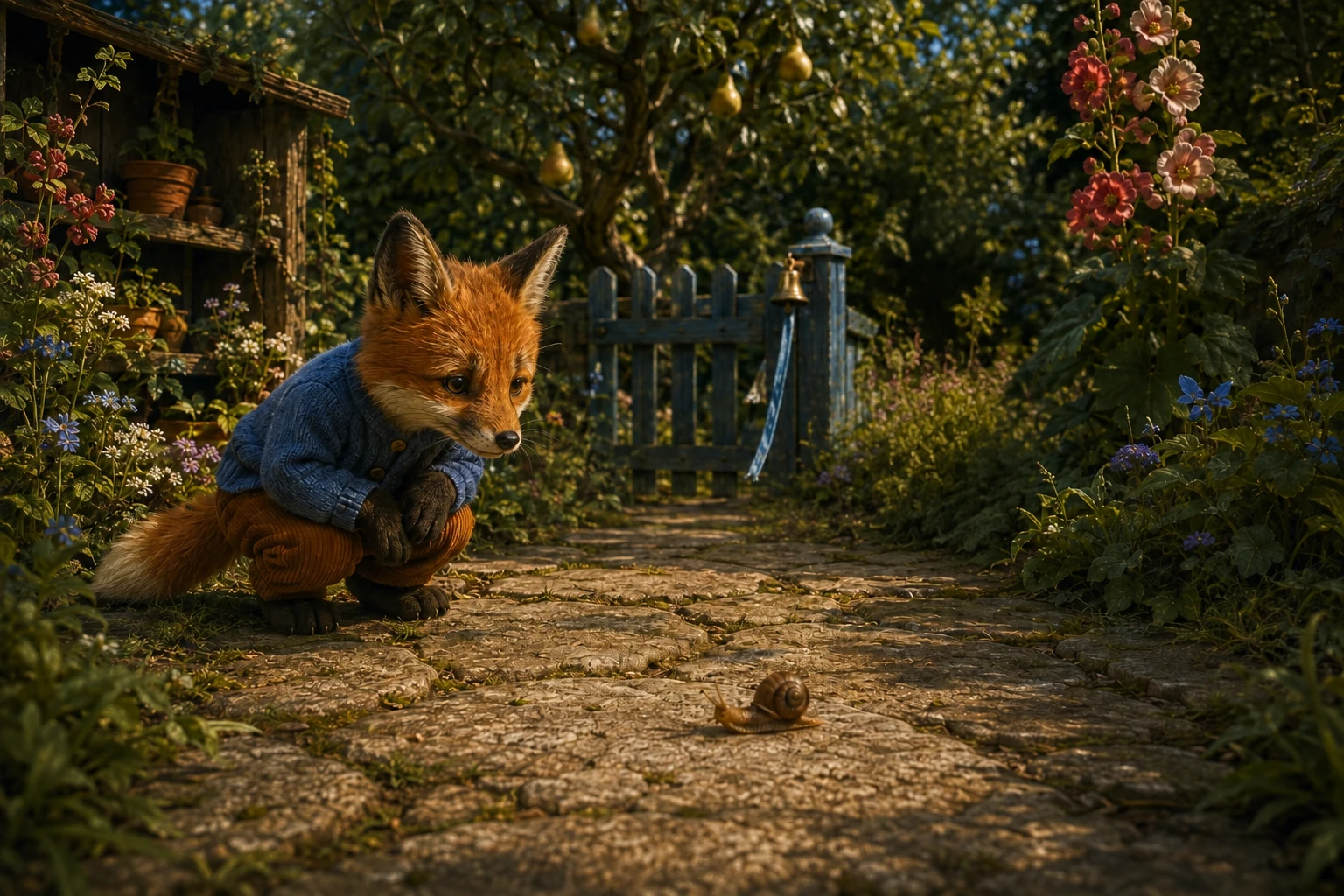 Tula crouches beside the path to watch a small snail, with the closed blue gate behind her.