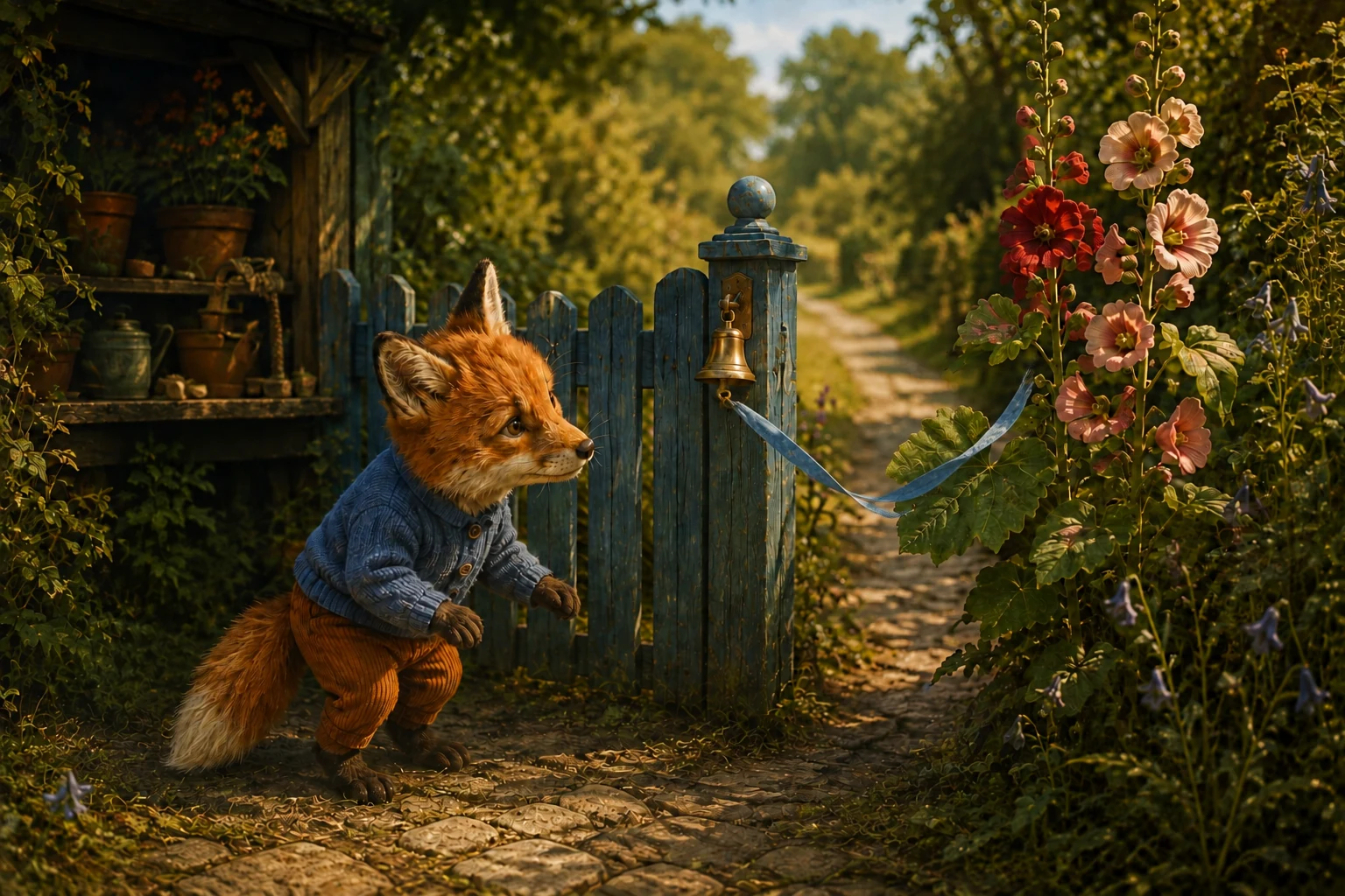 Tula watches the blue ribbon stretching from the bell's lower ring toward a stem among the hollyhocks.