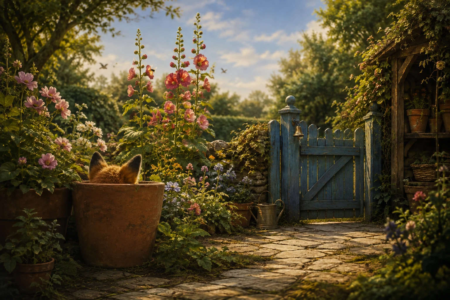 Only Tula's ears rise above a large terracotta pot as she hides near the quiet blue garden gate.