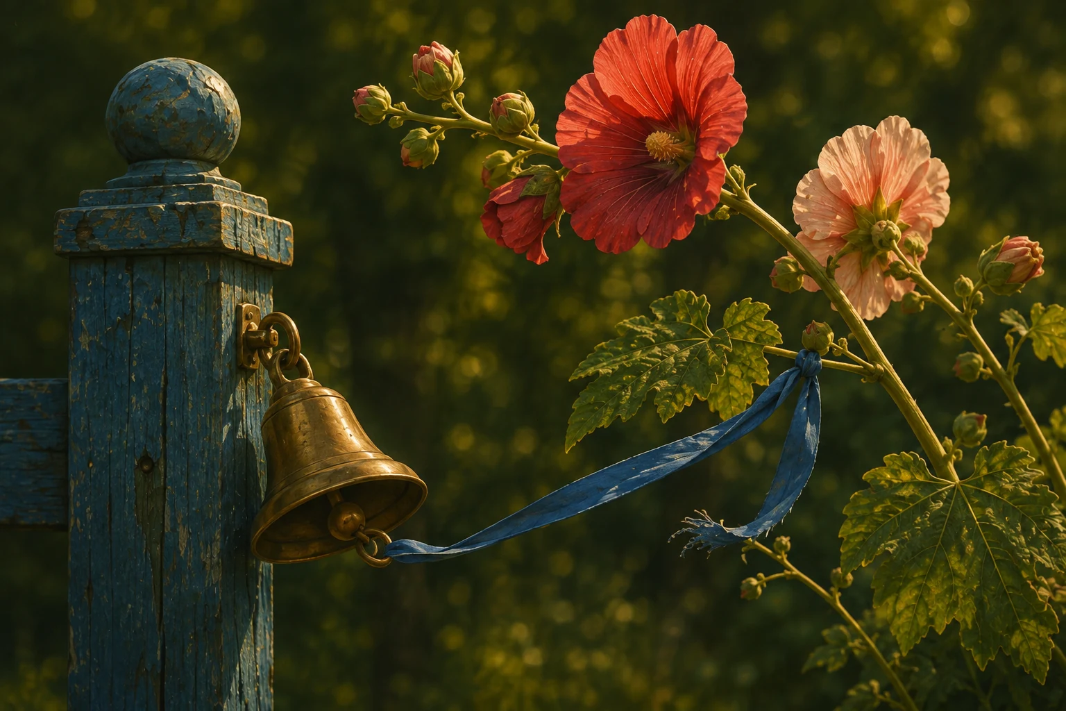 A hollyhock stem catches the blue ribbon and pulls the small ring beneath the tilted brass bell.