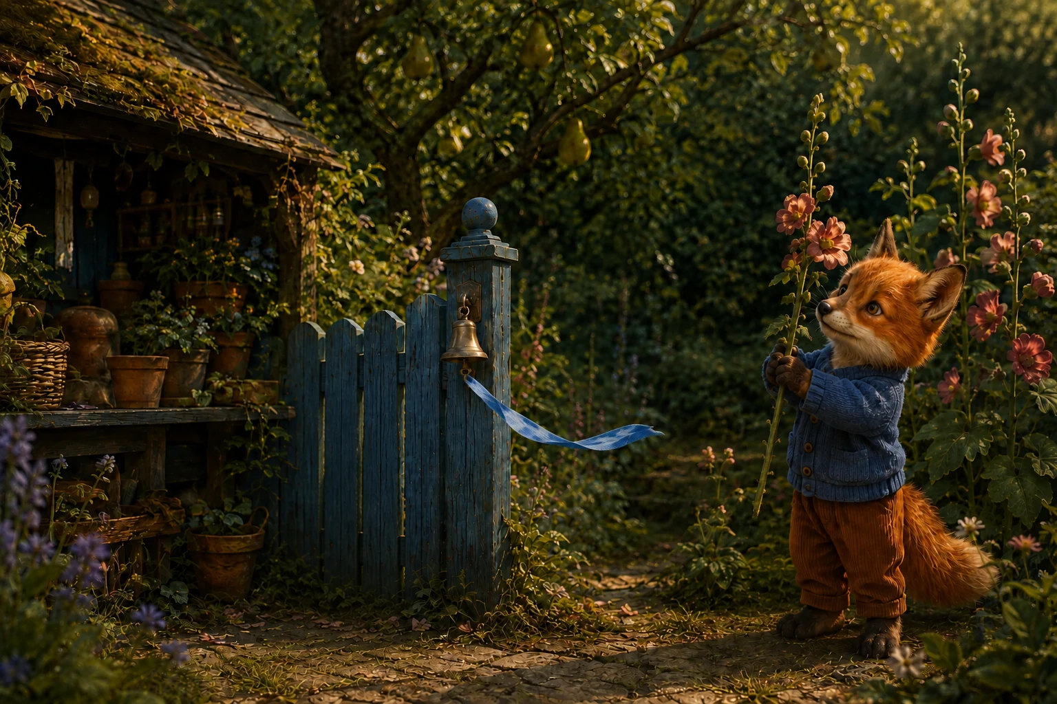 Tula holds a tall flower stem away from the bell while the blue ribbon flutters freely between them.