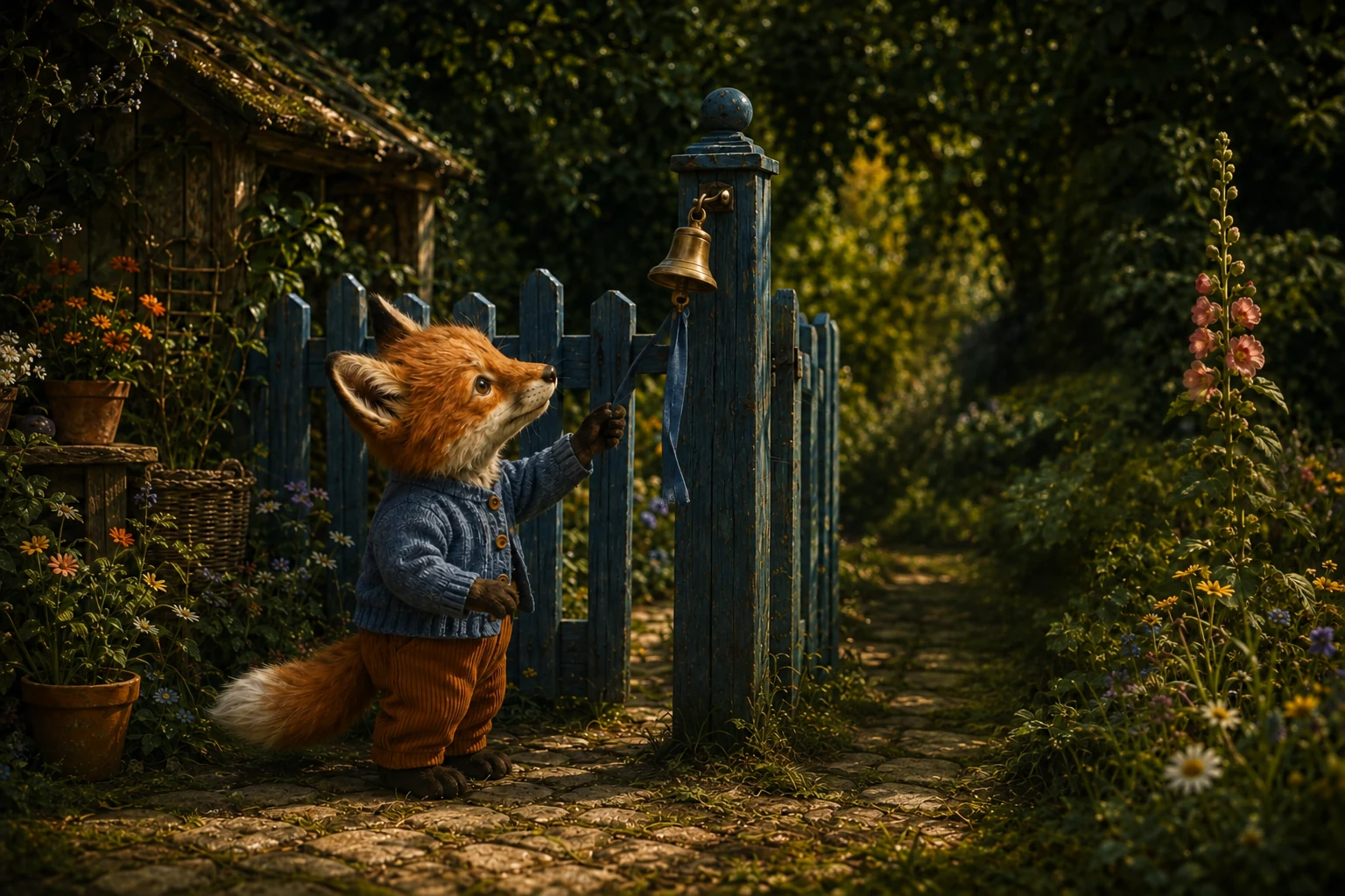 Tula reaches for the ribbon beneath the brass bell, now hanging clear of the flowers beside the gate.