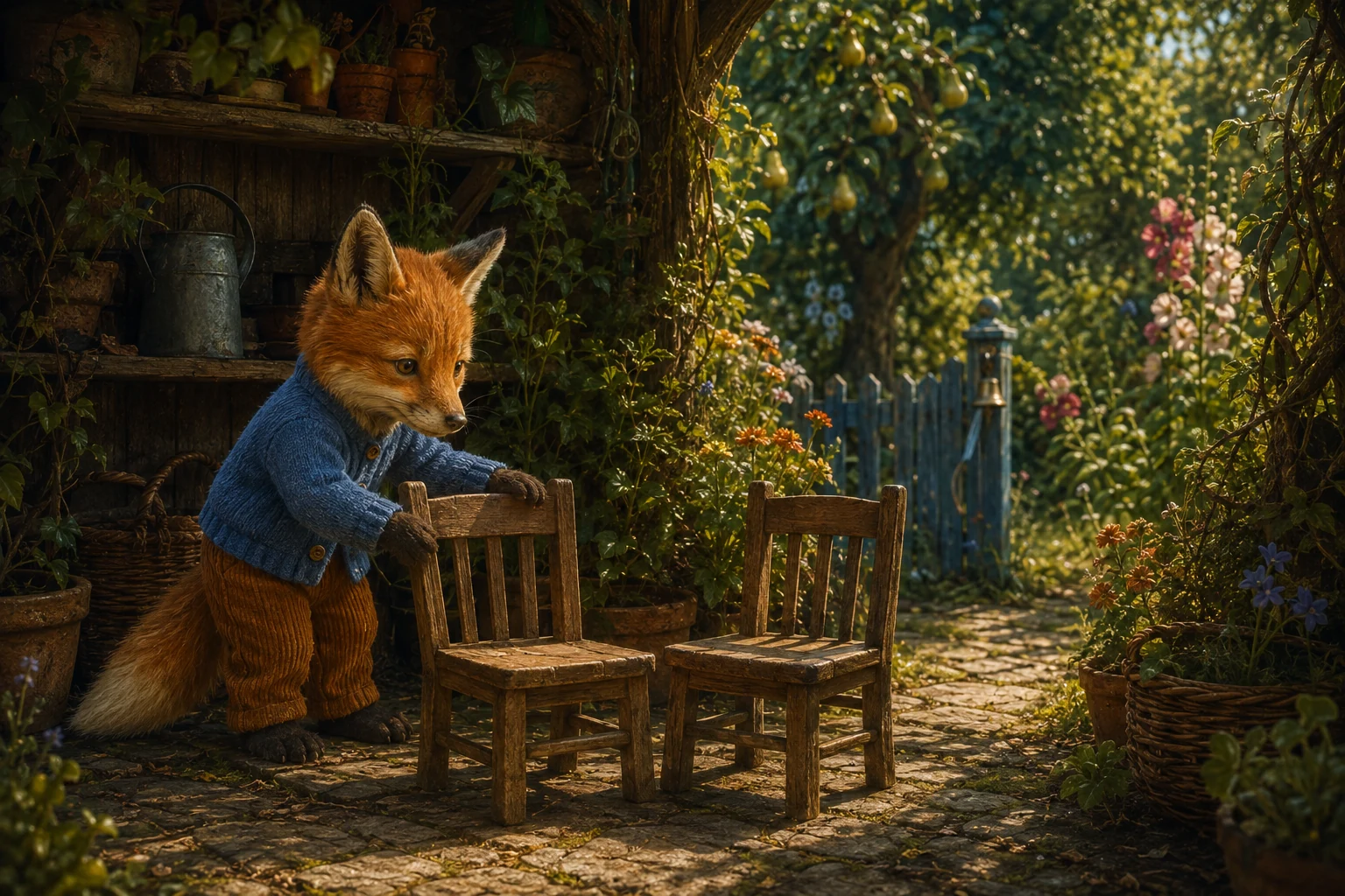Tula draws two small wooden chairs together beneath the garden's sheltered potting nook, with the gate in the distance.