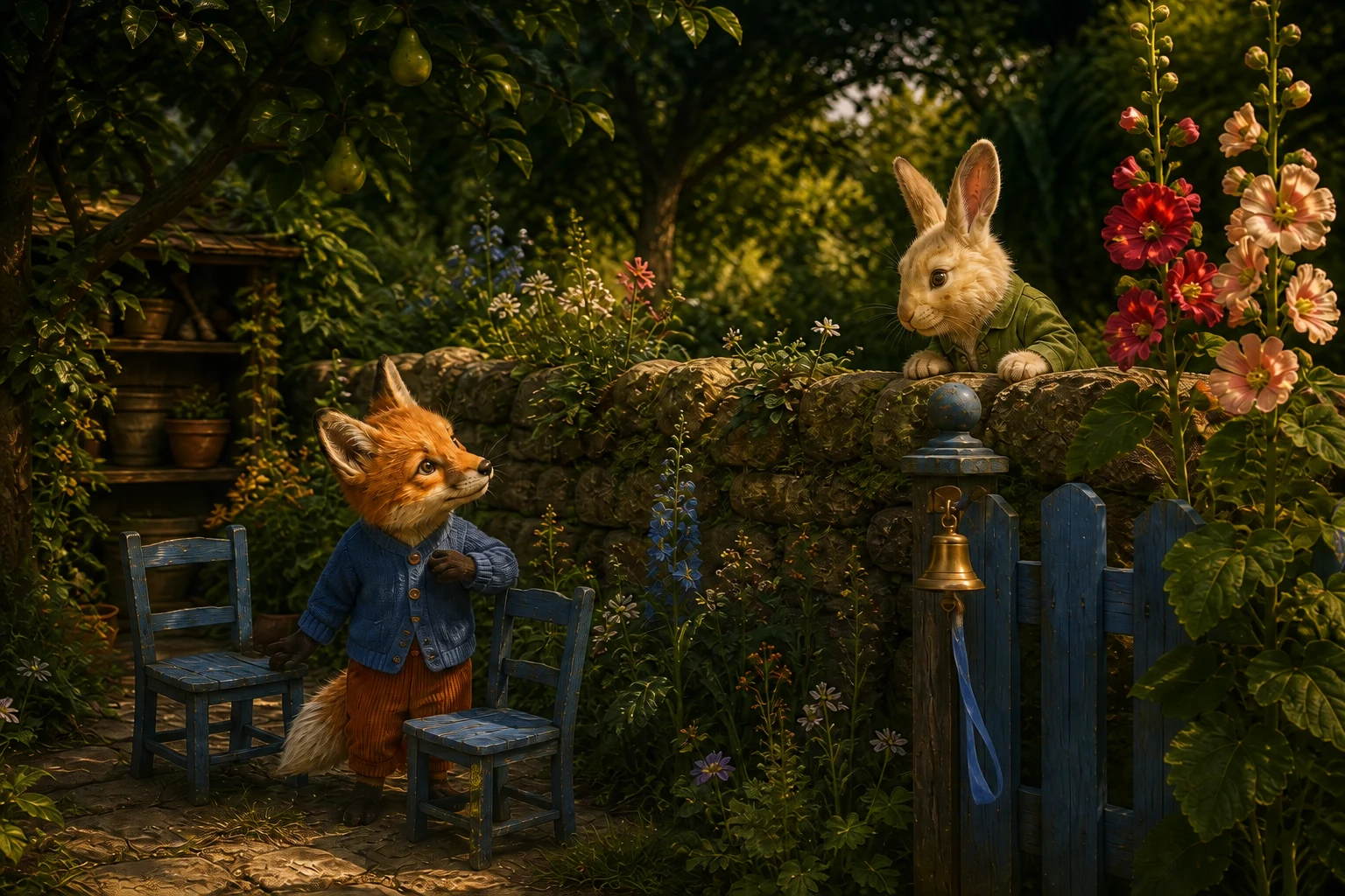 Pip looks over the low garden wall as Tula turns beside two chairs and the bell's freely hanging ribbon.