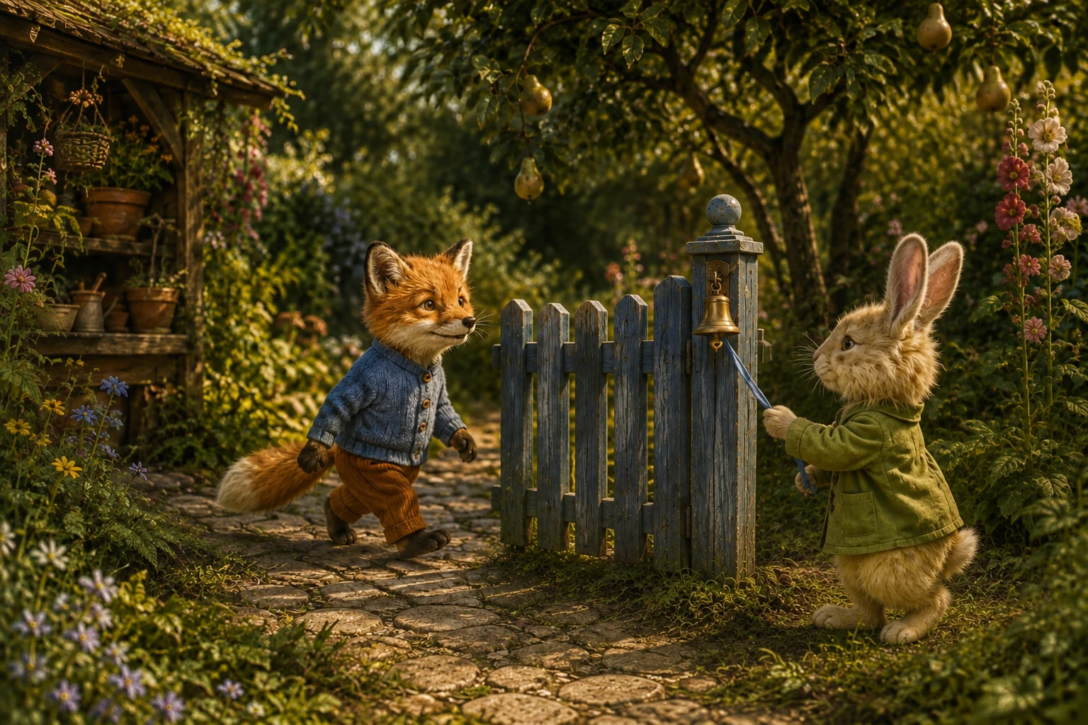 Pip pulls the blue ribbon beneath the bell while Tula approaches smiling from the other side of the closed gate.
