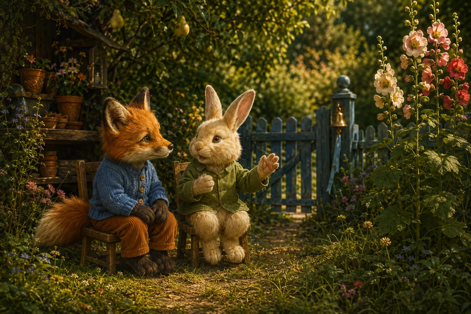 Tula and Pip sit close together in two wooden chairs as Pip gestures and tells a story among the flowers.
