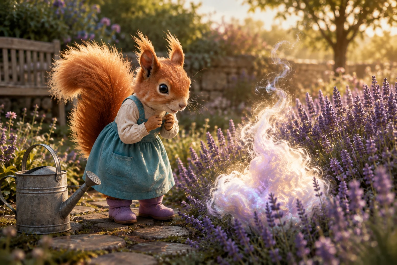 Nemi discovers a small pearly cloud among the lavender beside her watering can.