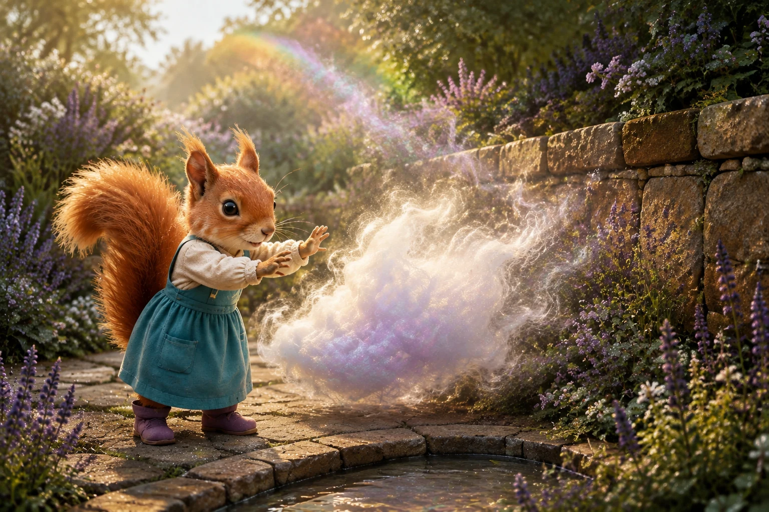Nemi gestures beside the wispy cloud near a sunlit stone wall and lavender flowers.