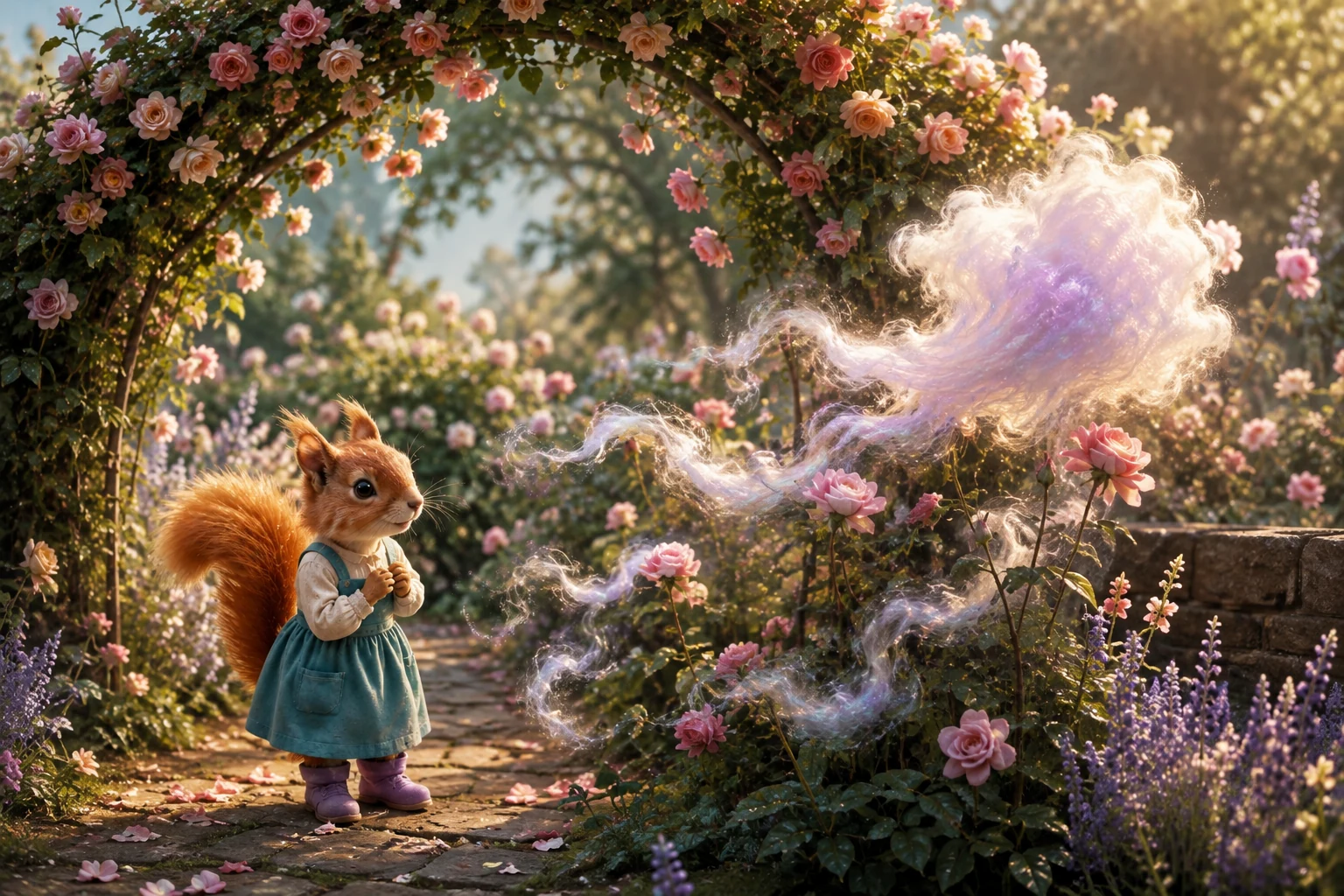The cloud trails loose wisps through a rose arch while Nemi waits.