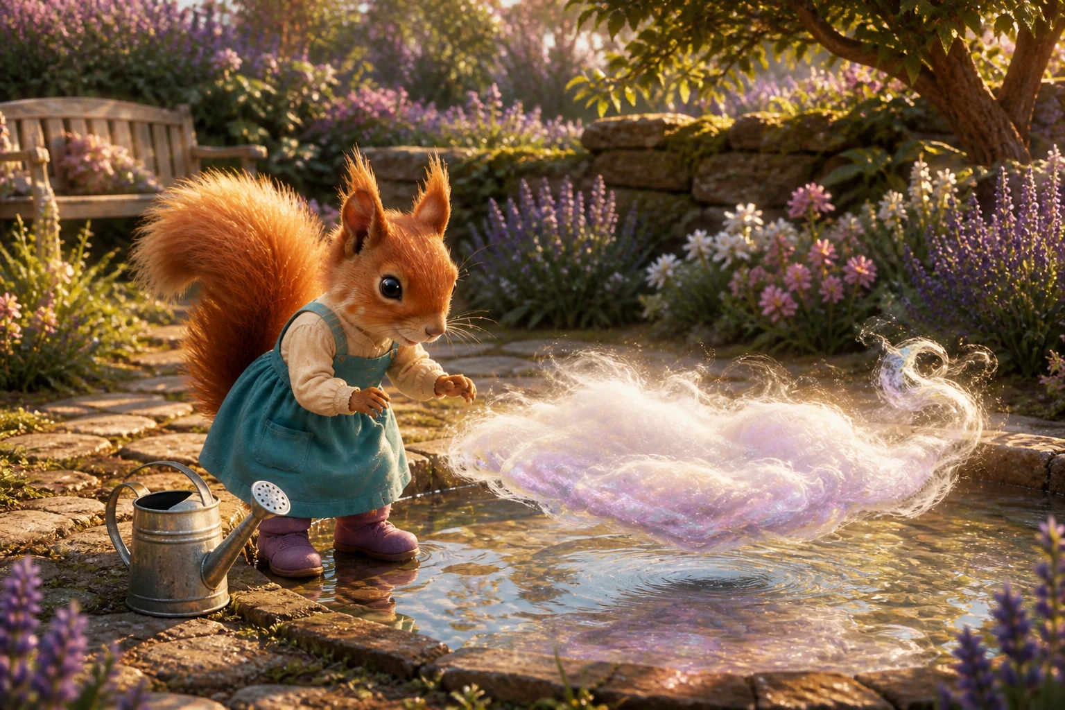 Nemi stands beside her watering can while the cloud spreads over the shallow pool.
