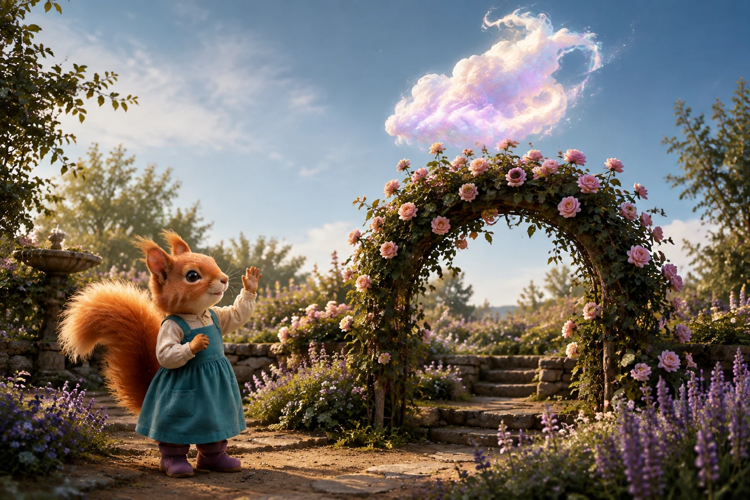 Nemi raises a paw and waves as the pearly cloud rises above the rose arch.