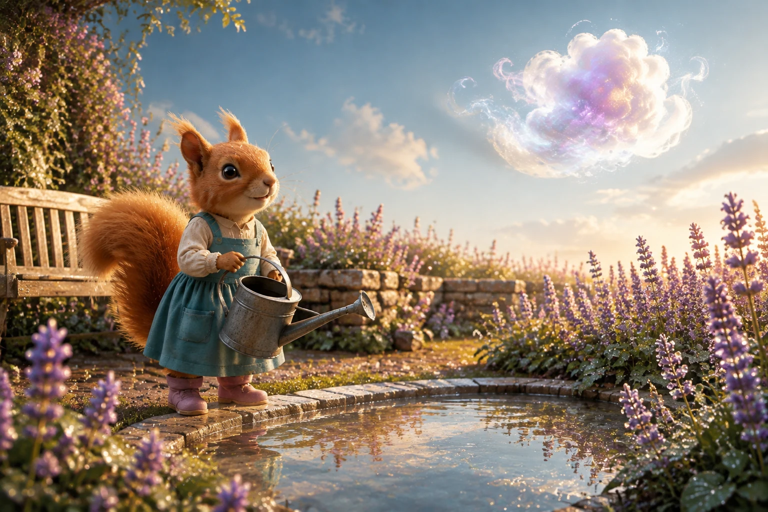 Nemi holds her watering can beside the clear pool while the cloud floats away above the garden.