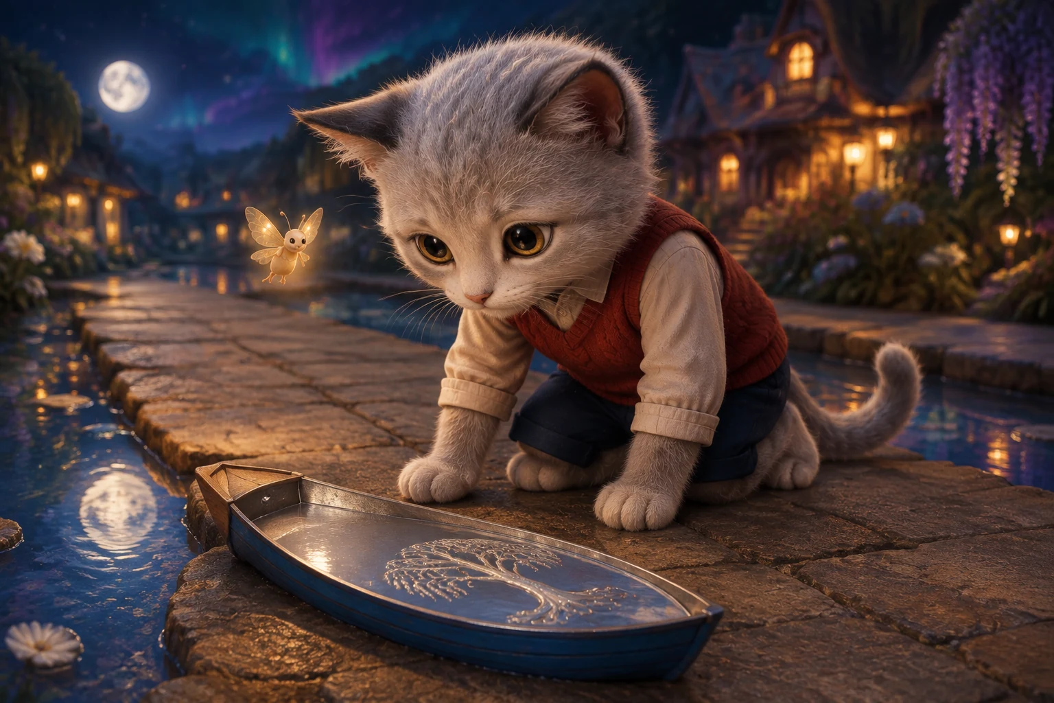 Omi kneels on the stone causeway beside a blue toy boat with a silver tree shape shining across its deck.