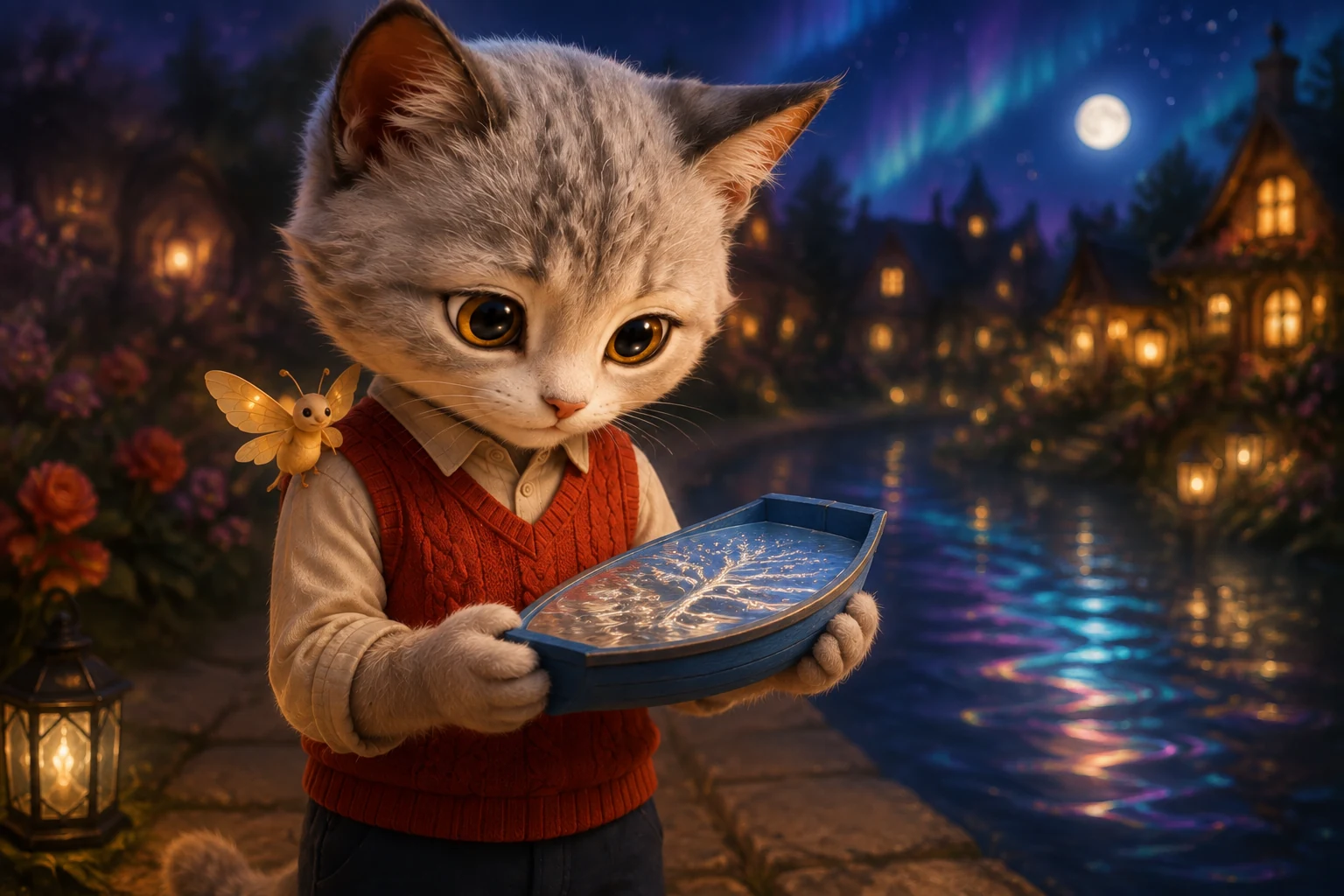 Omi holds the blue boat in both paws while MOTE rests near her shoulder above the coral vest.