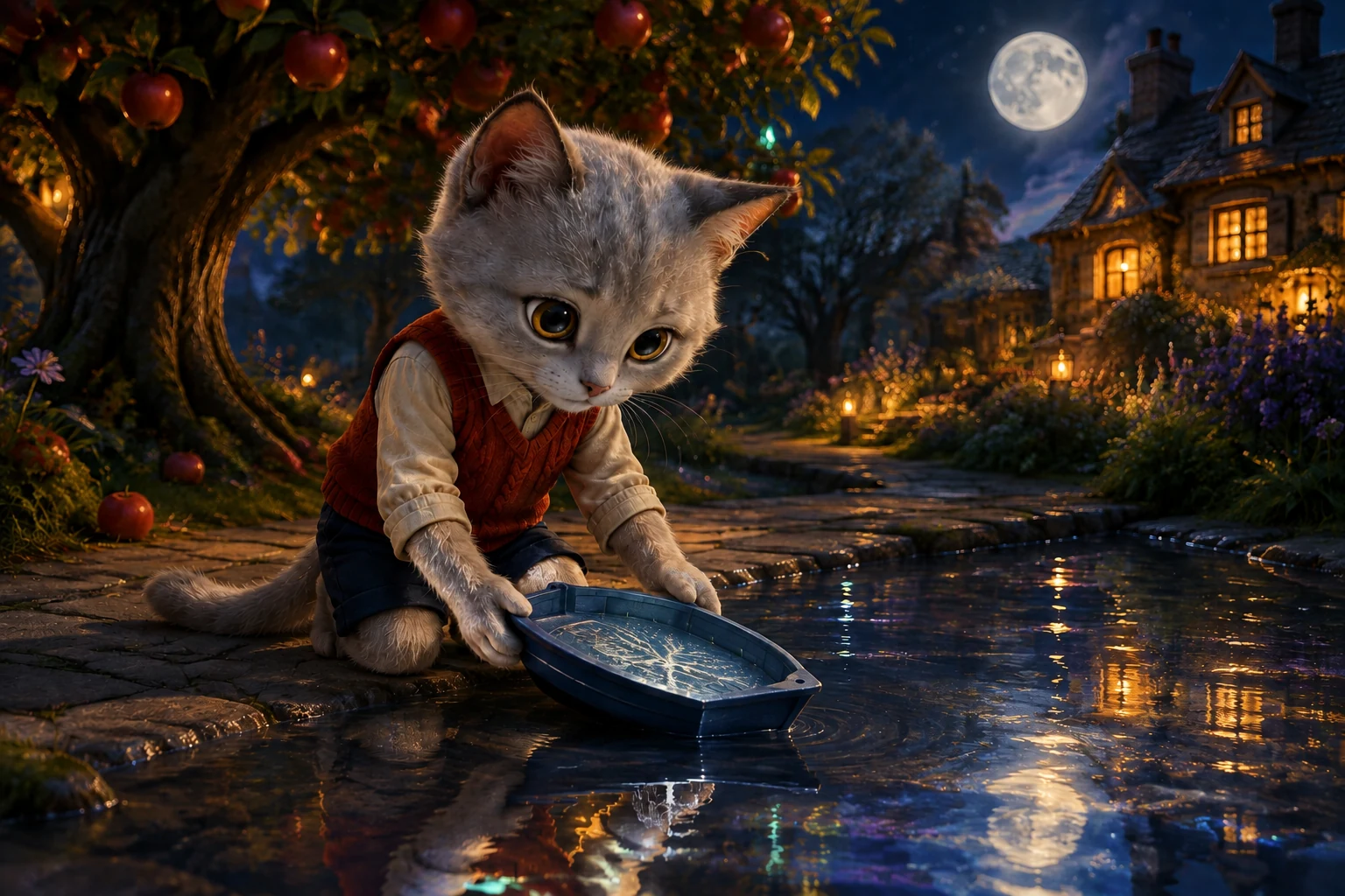 Omi lowers the boat beside an apple tree whose rounded crown differs from the silver branches on the deck.