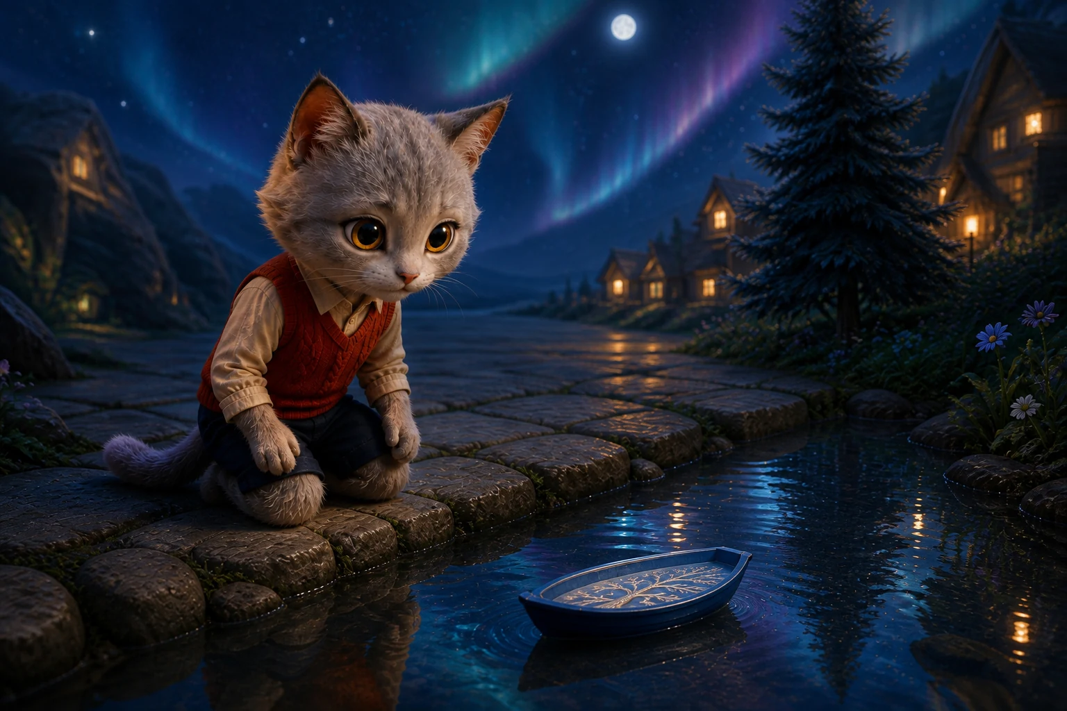 Omi watches the boat in a pool beside a tall pointed fir under a full moon and aurora.