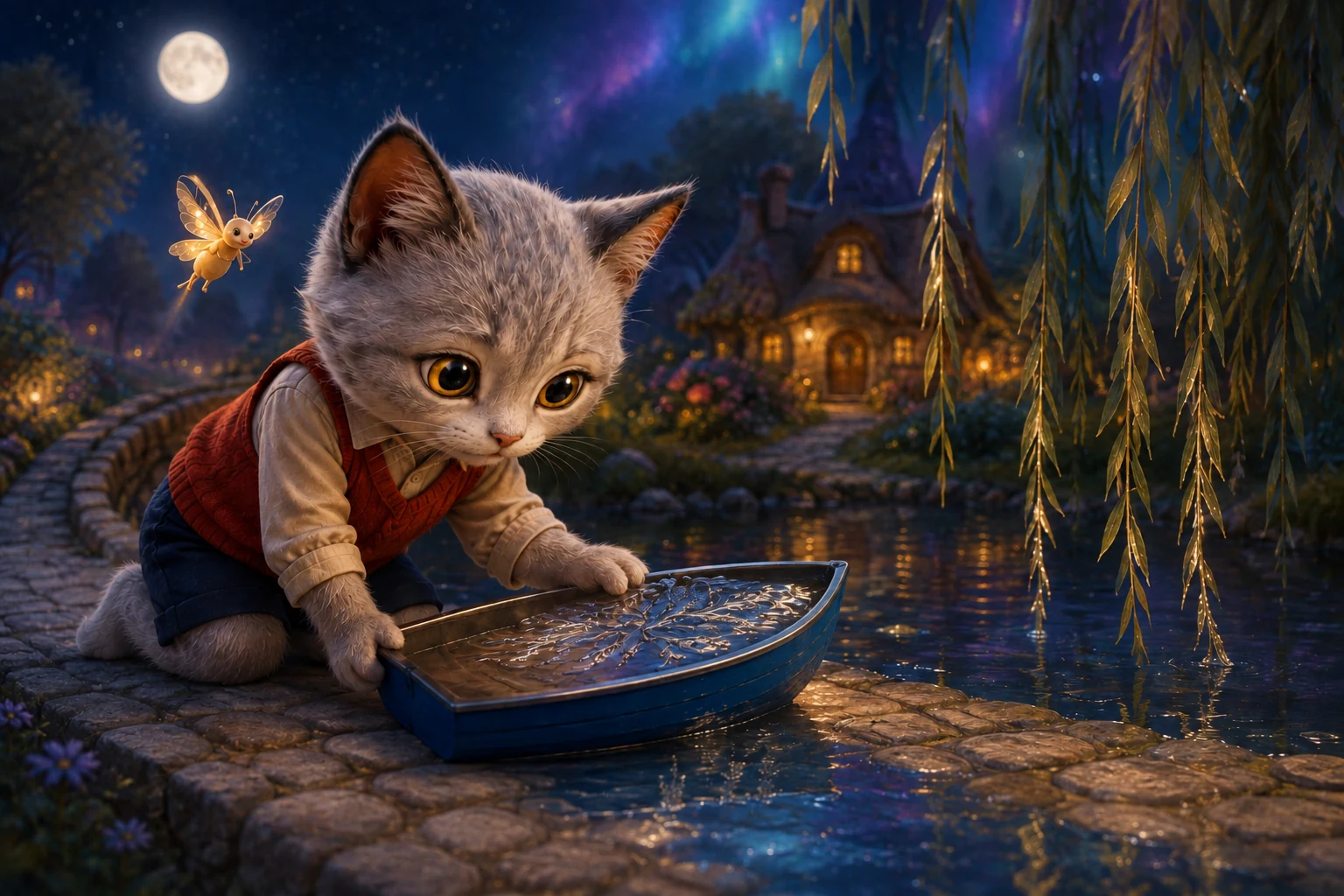 Omi examines the many silver branches across the boat while real willow leaves hang above the neighboring pool.