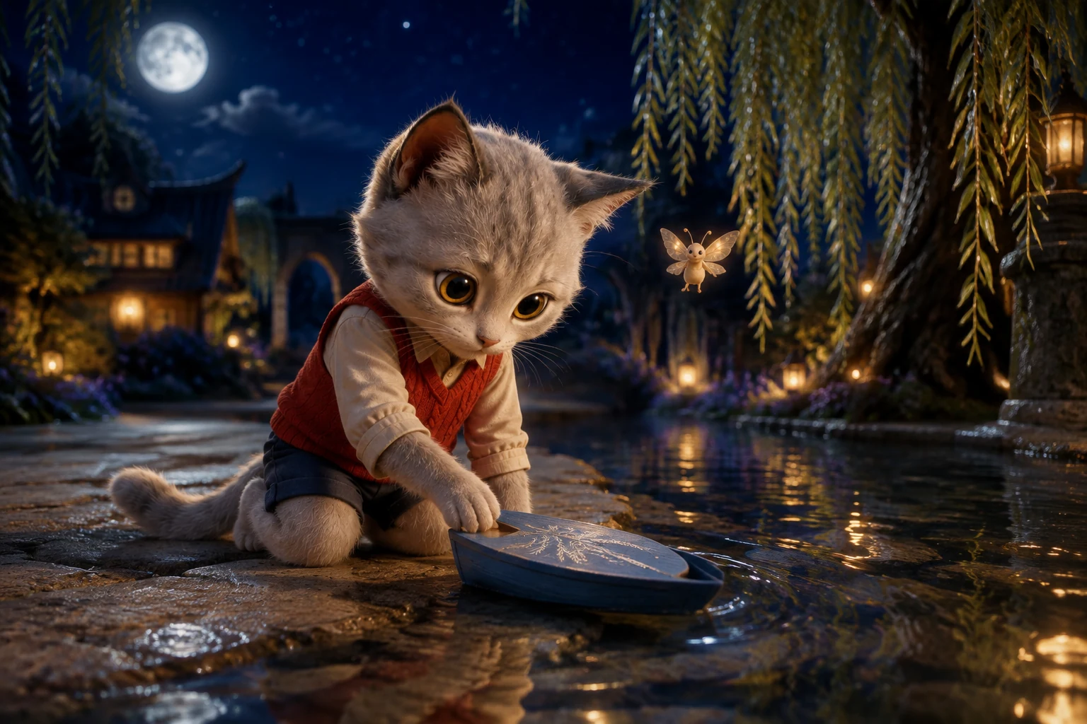 Omi keeps a paw on the little boat beside the causeway, turning its silver branches toward the willow.