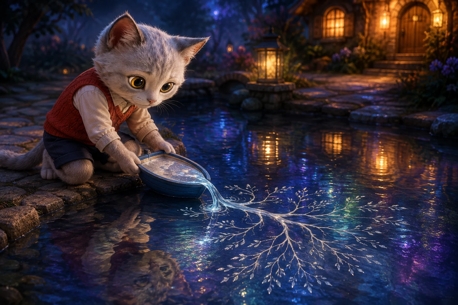 Omi steadies the boat as silver light spills from its deck and branches across the dark pool.