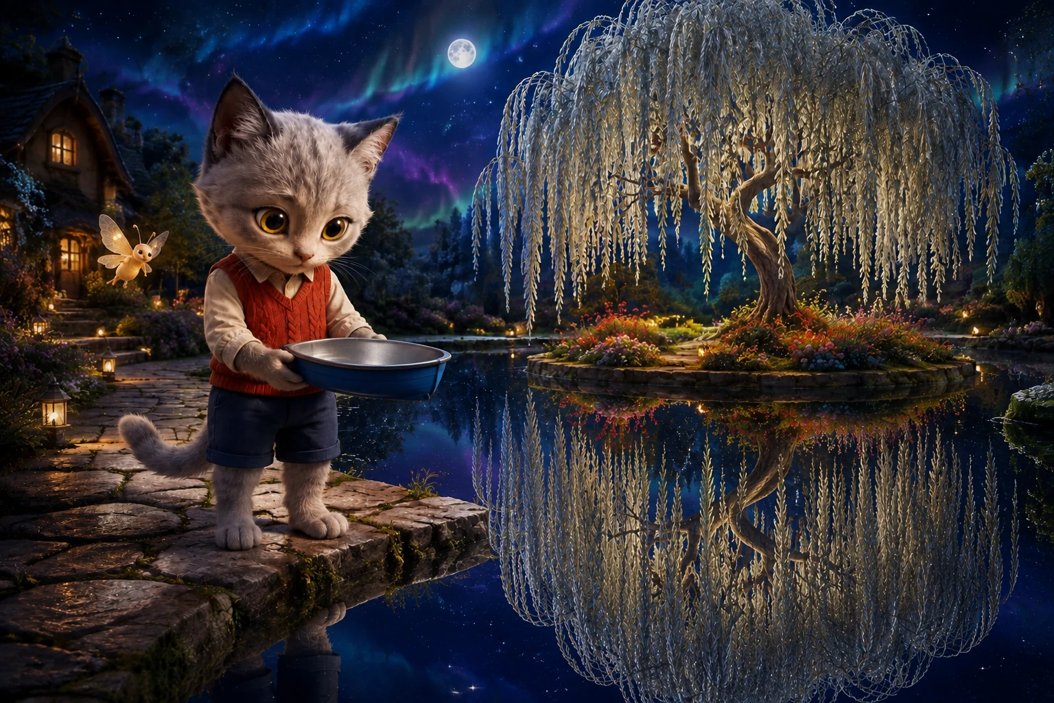 Omi holds the empty blue boat while a full silver willow reflection fills the pool below the real tree.