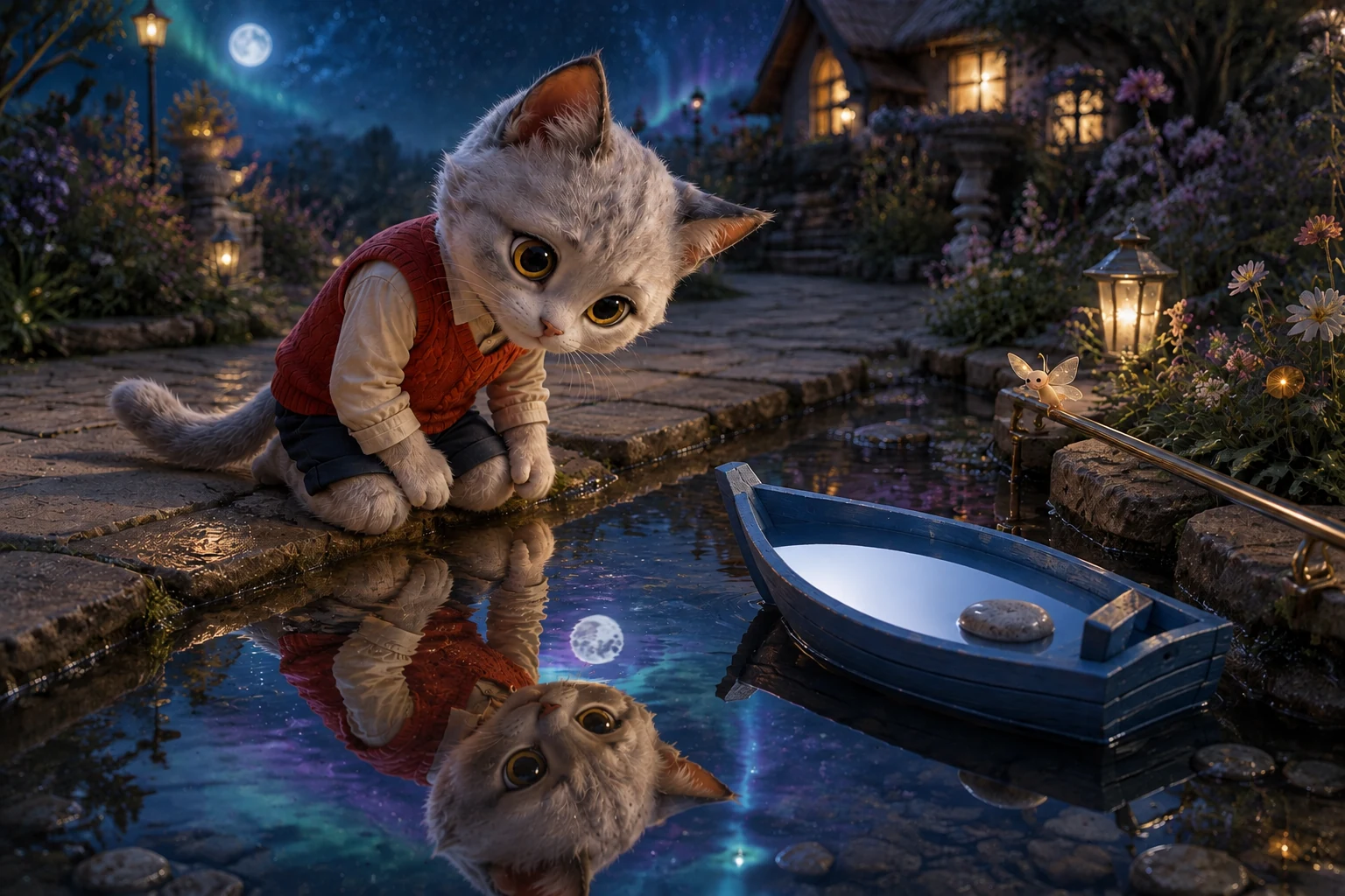 Omi tilts her head toward her matching reflection while the blue boat holds its pebble beside the stone edge.