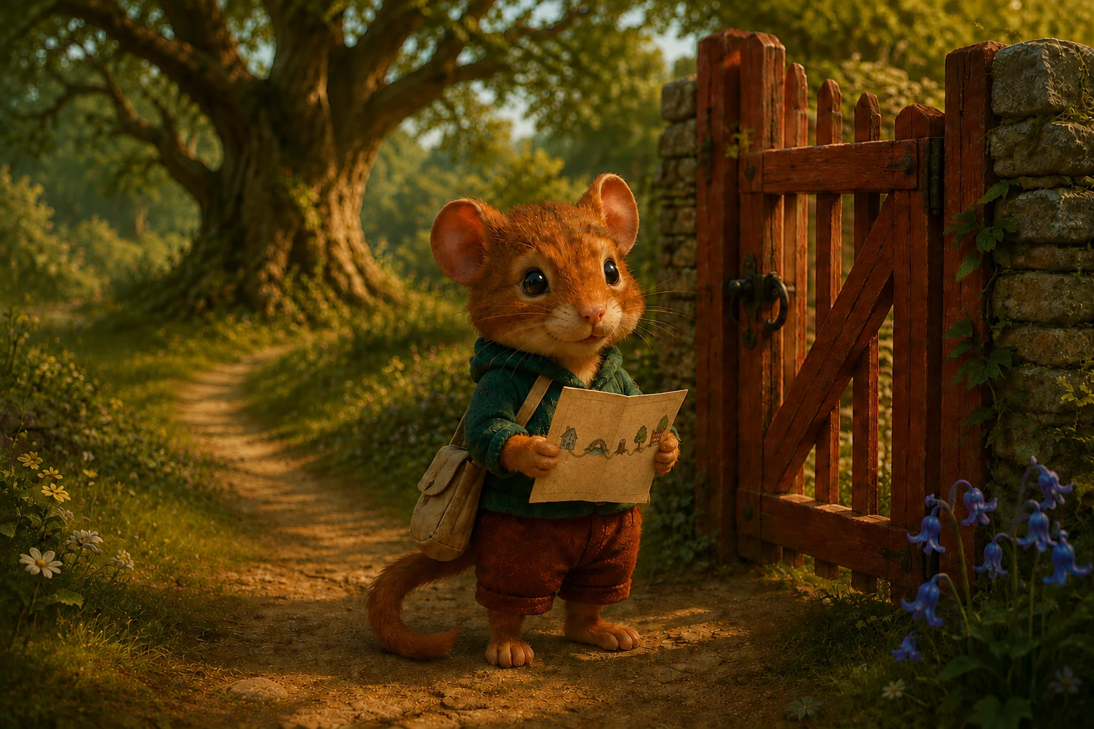 Fenn holds his unfolded map beside the red gate, with a great oak along the sunlit path behind him.