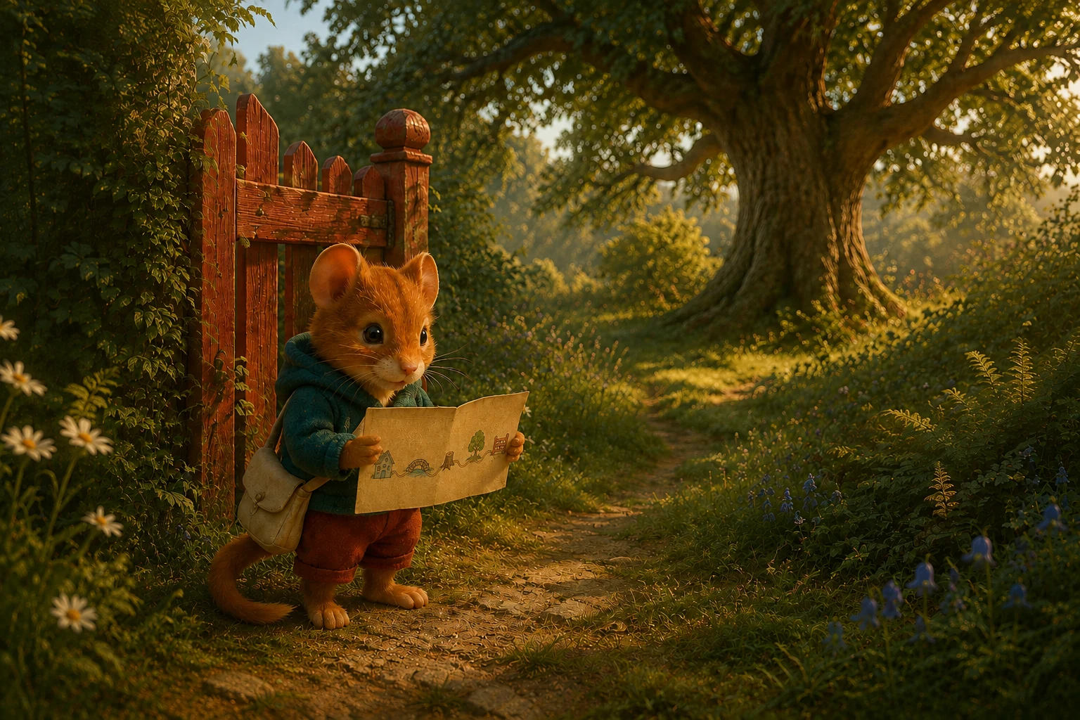 Beside the red gate, Fenn studies the map while the real oak stands farther along the garden path.