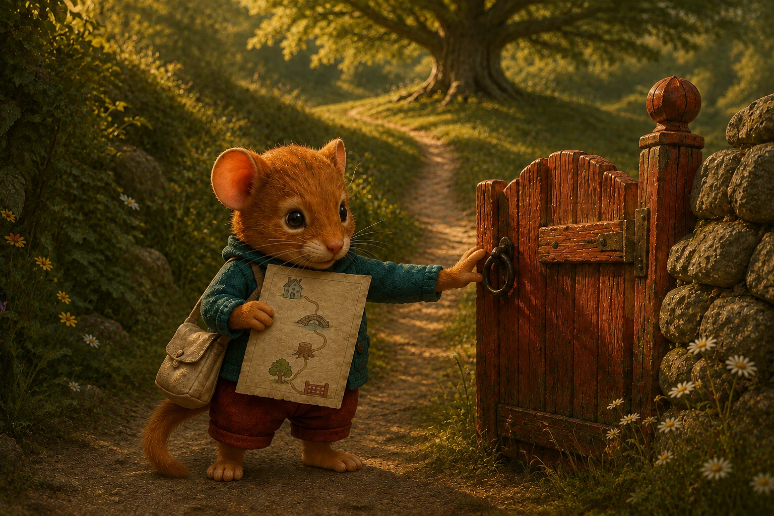 Fenn holds his map in one paw and reaches toward the gate latch with the other.