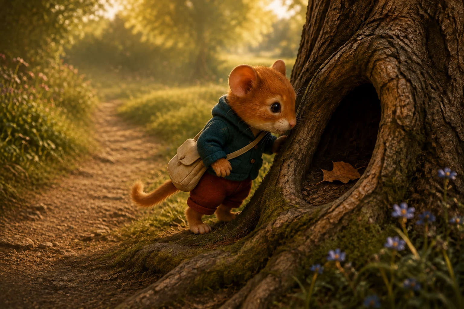 At the oak's roots, Fenn leans toward a dark hollow containing one fallen brown leaf.