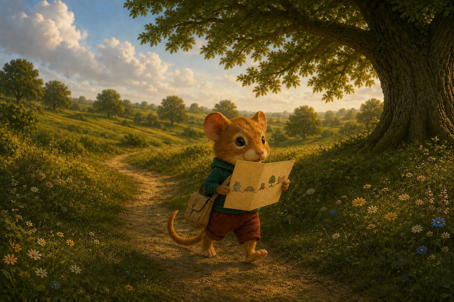 Fenn walks away from the oak with his map open, following the sunny path across the grass.