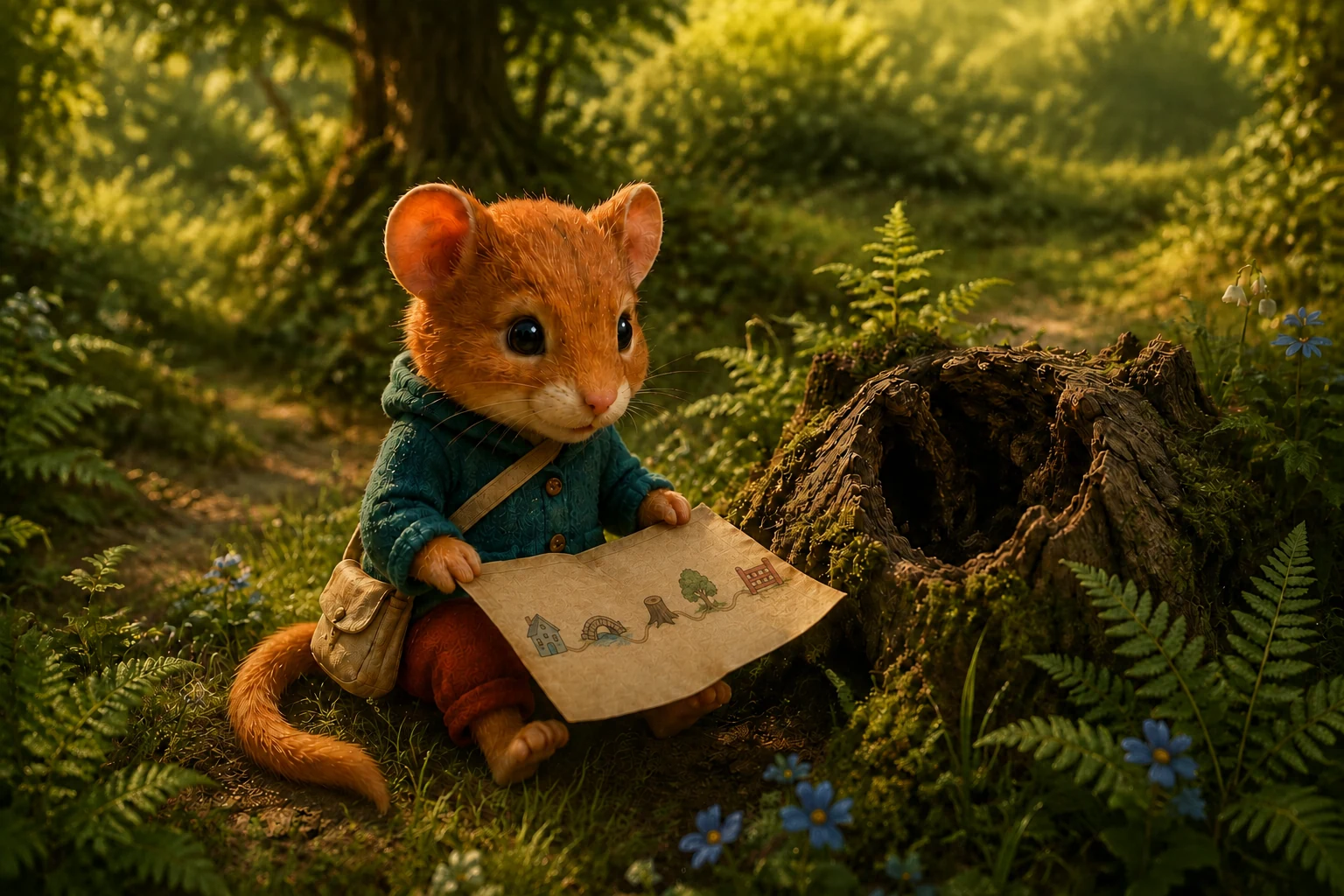 Fenn sits beside a hollow stump, comparing the landmarks on his map with the place around him.