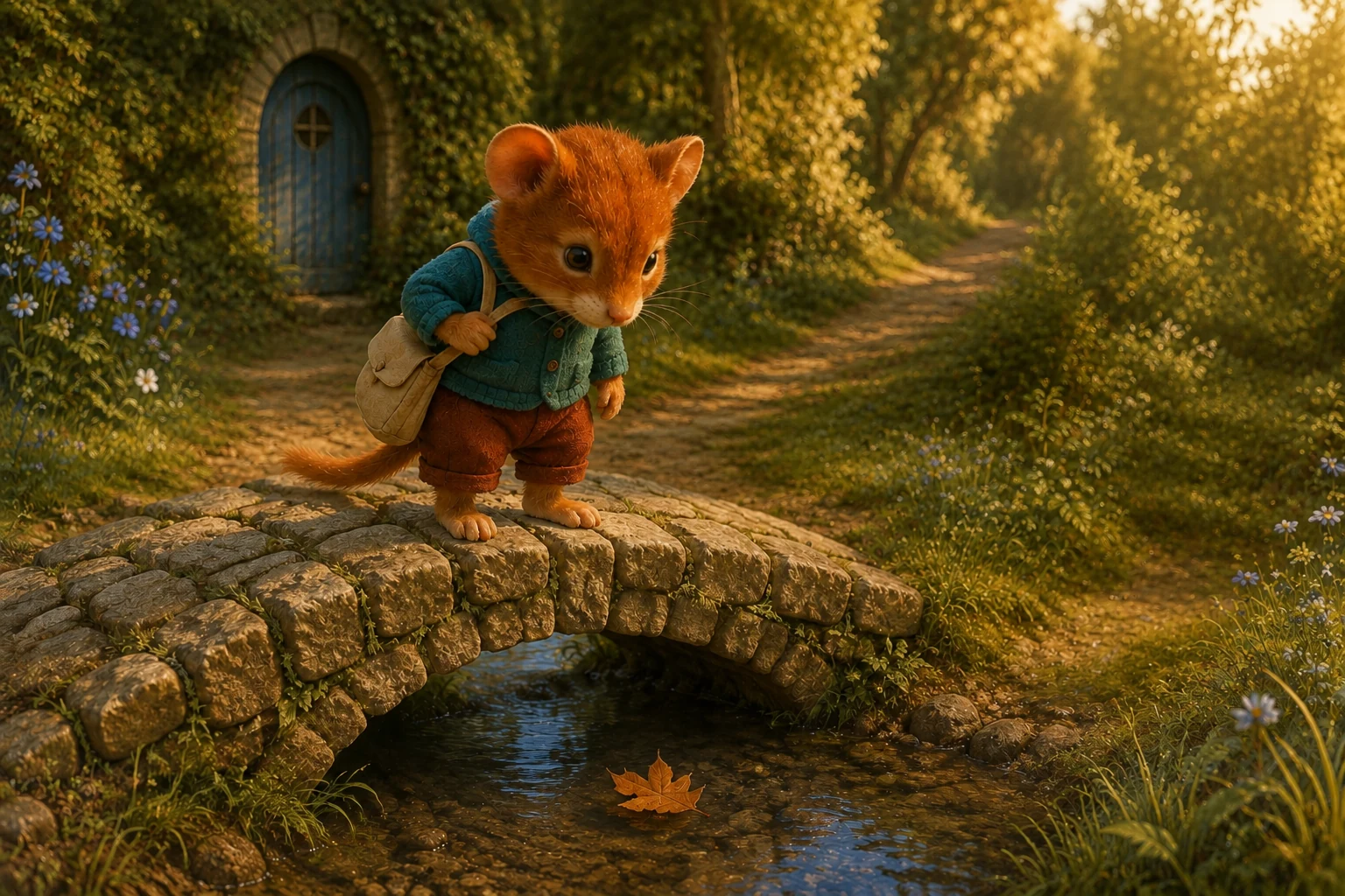 Fenn pauses on a stone bridge above a floating leaf, with his blue front door close behind.