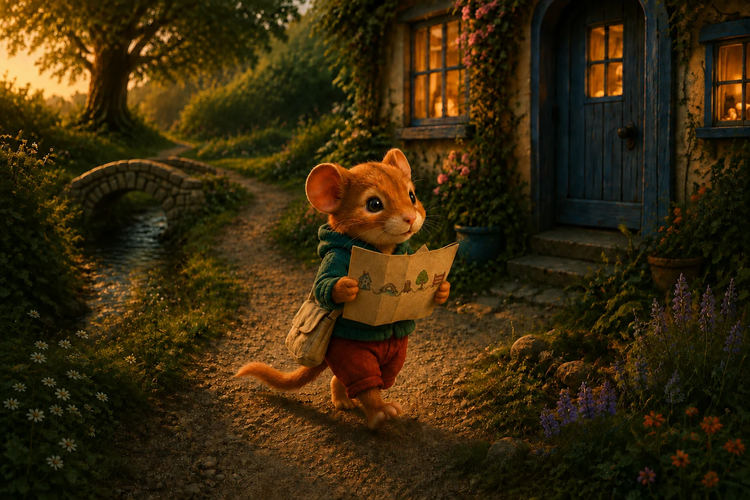 Fenn approaches the blue door holding his map, with the bridge visible on the winding path behind him.