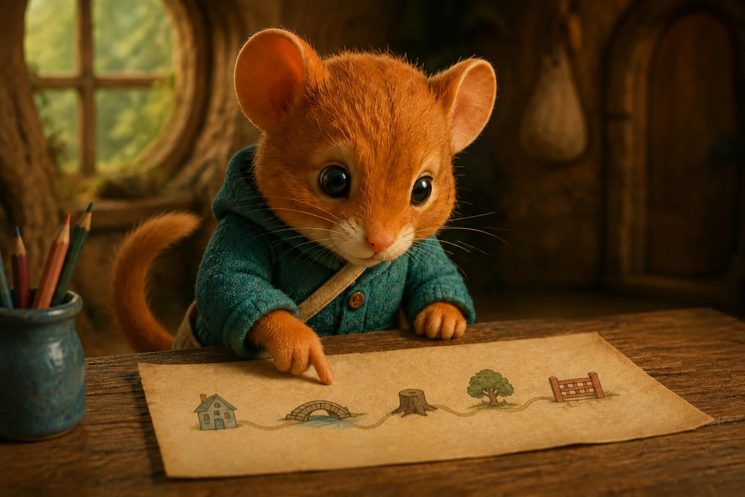 At his table, Fenn points to the blue house at one end of the map's route.