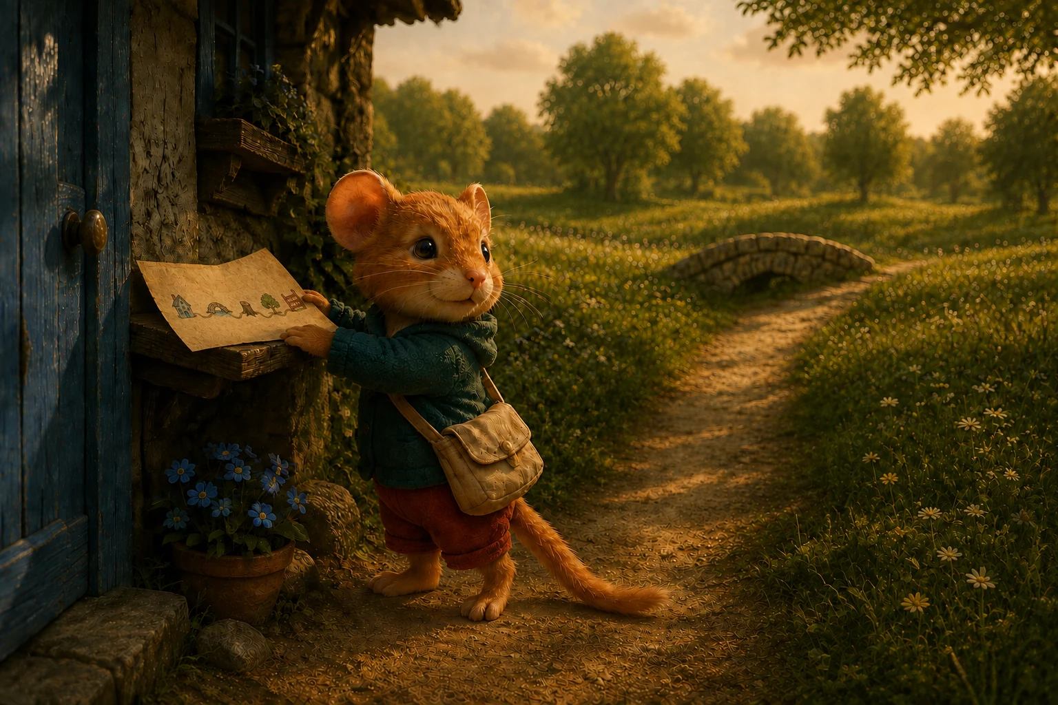 Fenn places the map beside his blue door and looks along the path toward the little stone bridge.