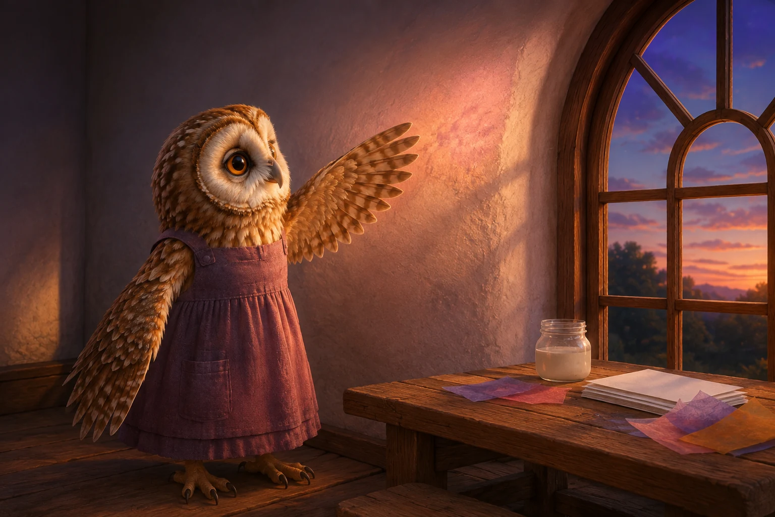 Suri reaches one feathered wing toward a rose colored patch of light on the wall beside her window.