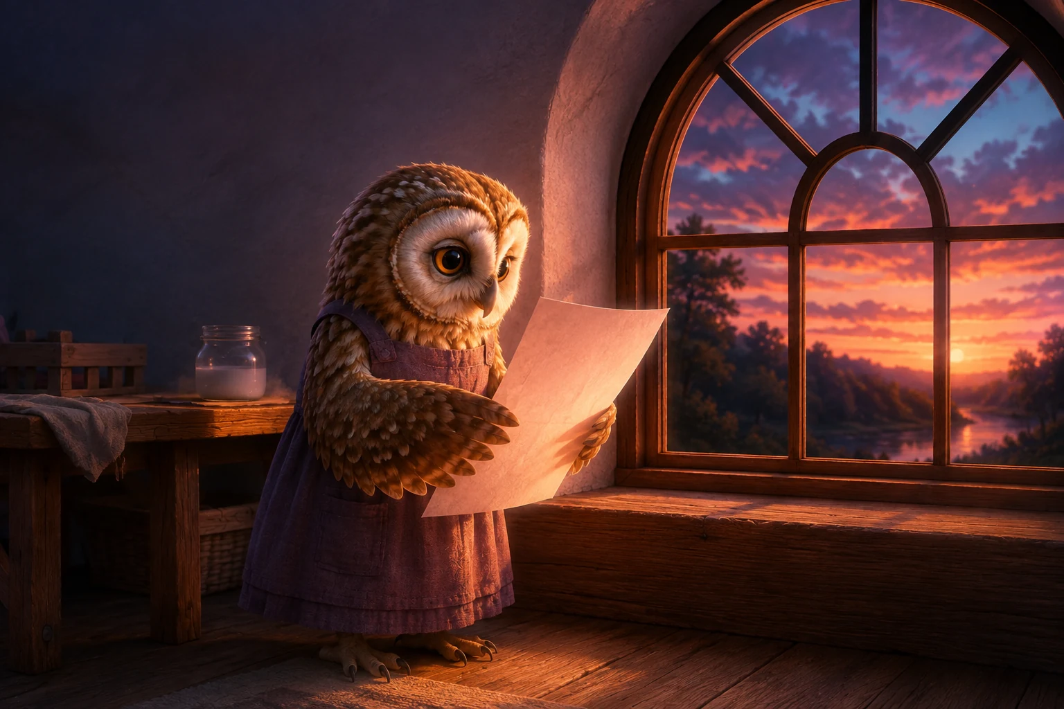 Suri holds a plain sheet of paper in sunset light beside an open arched window.
