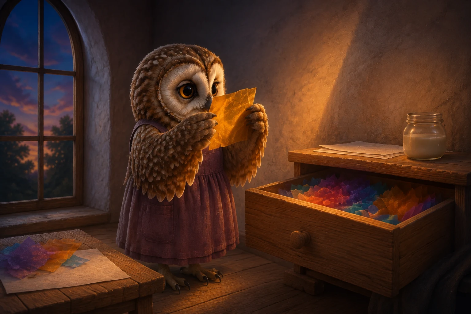 Suri looks through a thin amber scrap while a drawer of colored tissue stands open beside her.