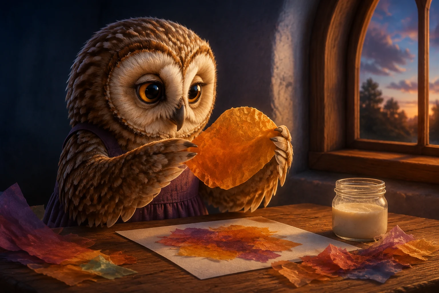 Suri holds a roughly round piece of amber tissue above the scattered scraps on her table.