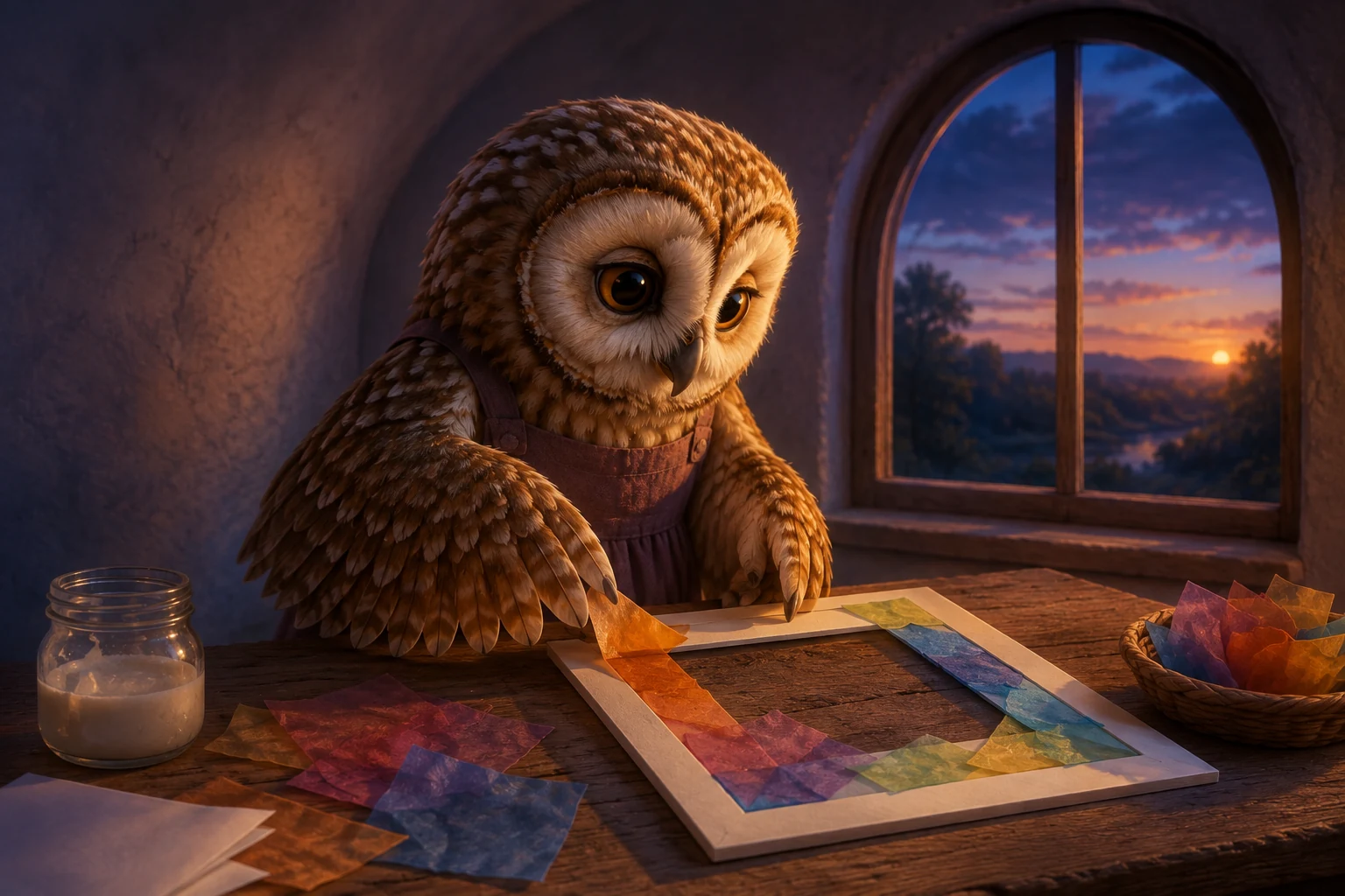Suri presses colored tissue pieces along the white border of an open paper frame on the table.