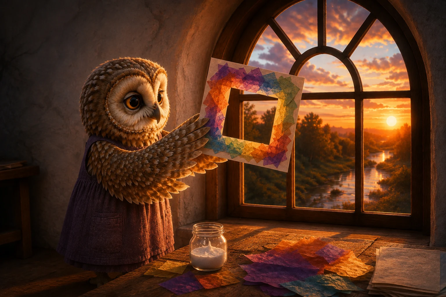Suri lifts the decorated paper frame in front of the window, with sunset shining behind the tissue.