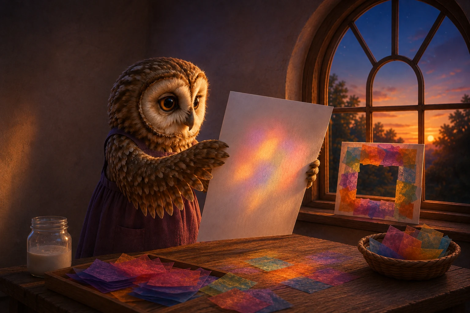 Suri holds up white paper with soft colored patches of light while the tissue frame rests by the window.