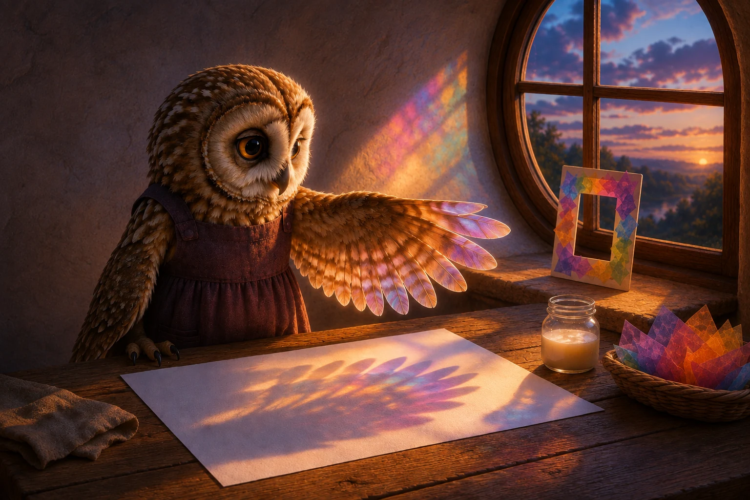 Suri stretches a wing over white paper, casting a broad feather shaped shadow across the light.