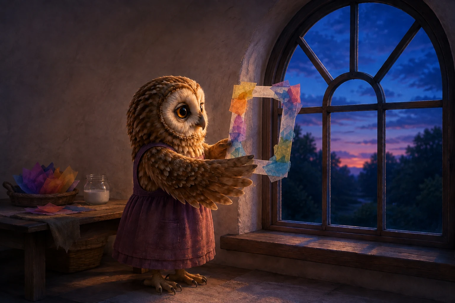 Suri holds her paper frame against the window as the sky outside turns deep evening blue.