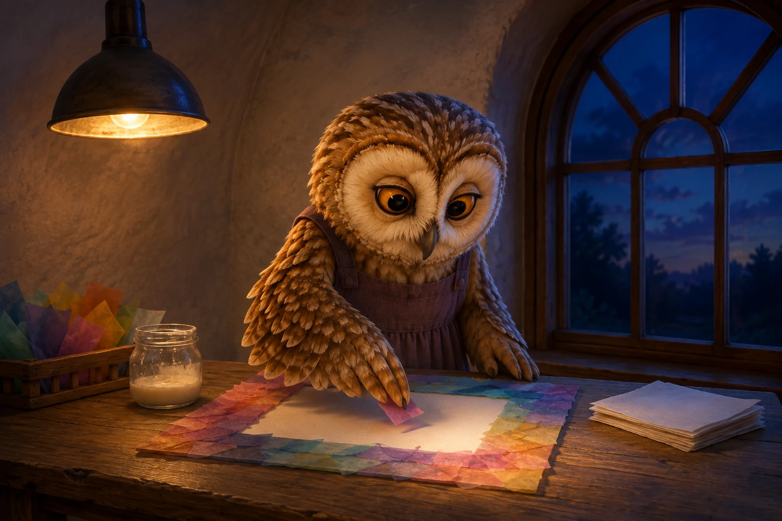 Suri touches the handmade tissue frame lying flat on her worktable beneath a warm shaded lamp.