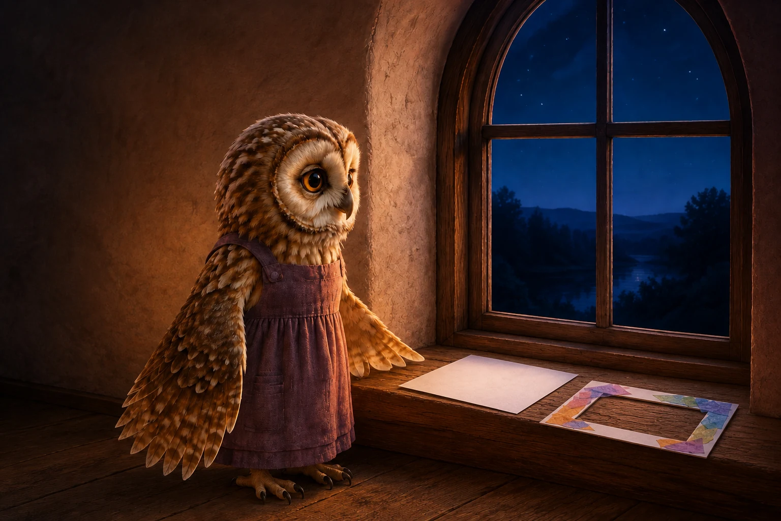 Suri stands beside the night window, with the decorated frame and a plain sheet resting on the sill.