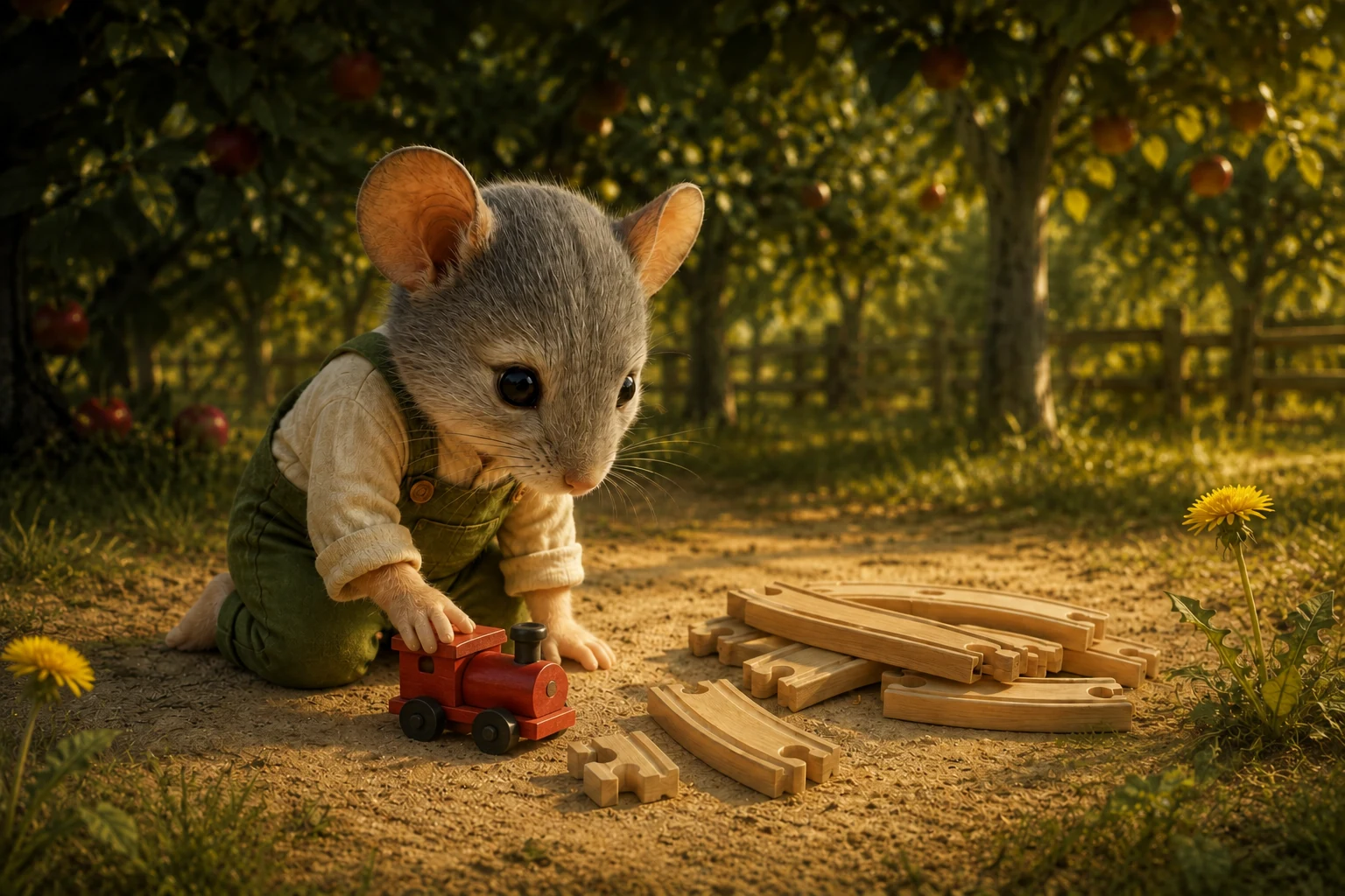 Jem kneels beside loose wooden railway pieces and a small red engine on the sandy orchard ground.