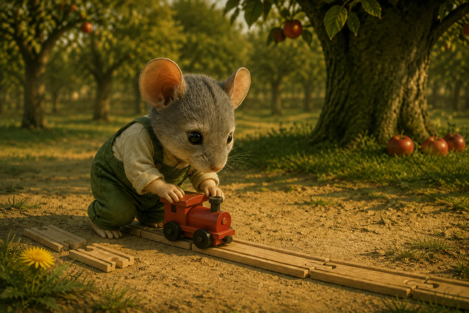 Jem pushes the red wooden engine along a straight section of track beneath the apple tree.